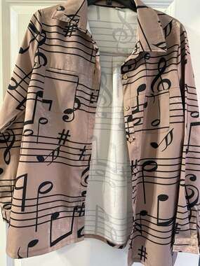 Women's Musical Notes Print Button Up Shirt Large Pink Black Artsy Tunic